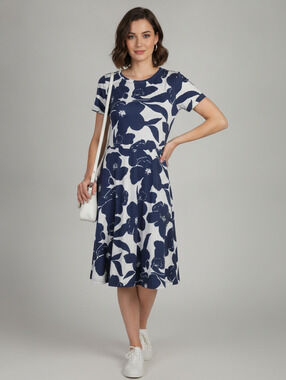 HUHOT Women's Navy White Floral Short Sleeve Dress Large